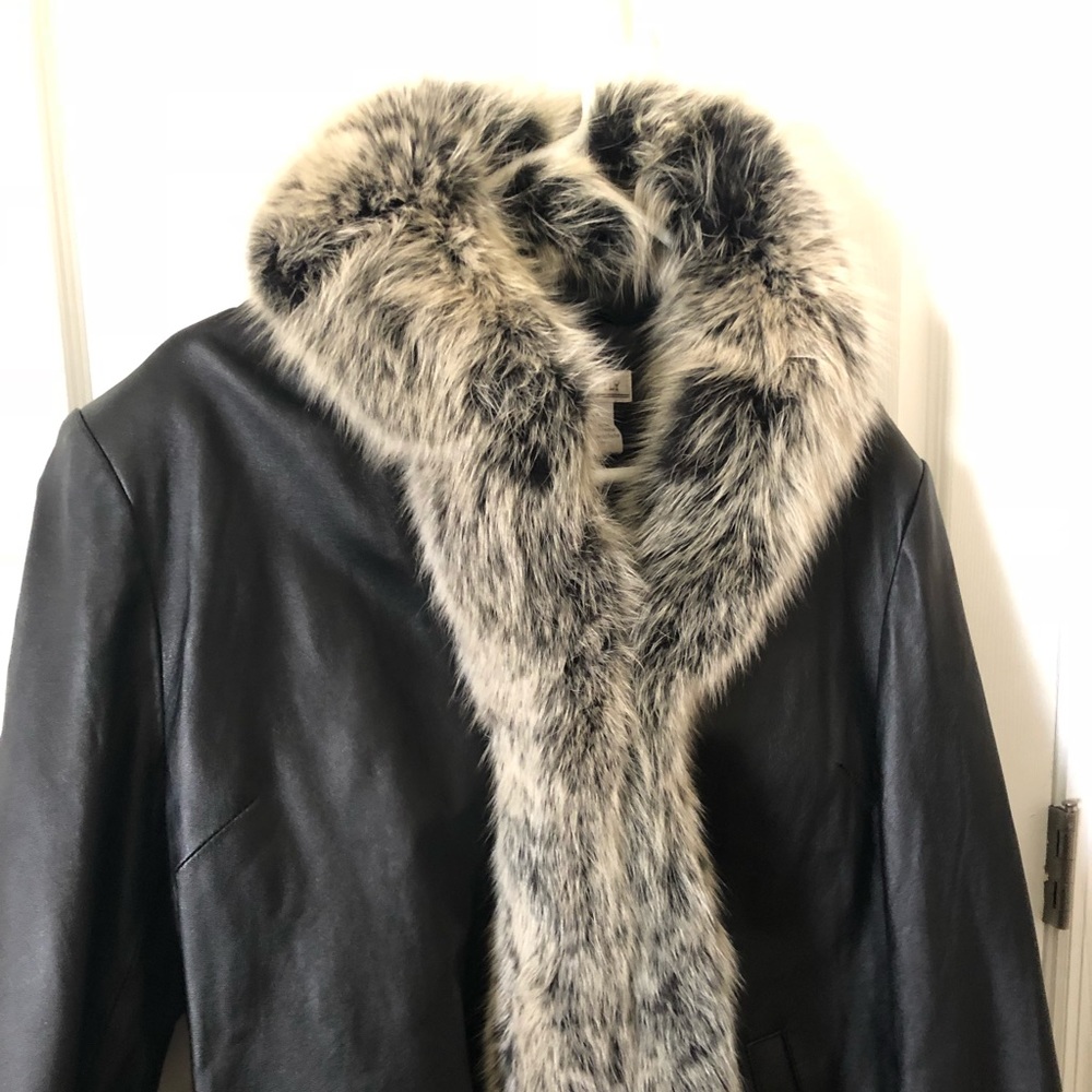 Black leather coat with real fox collar and trim